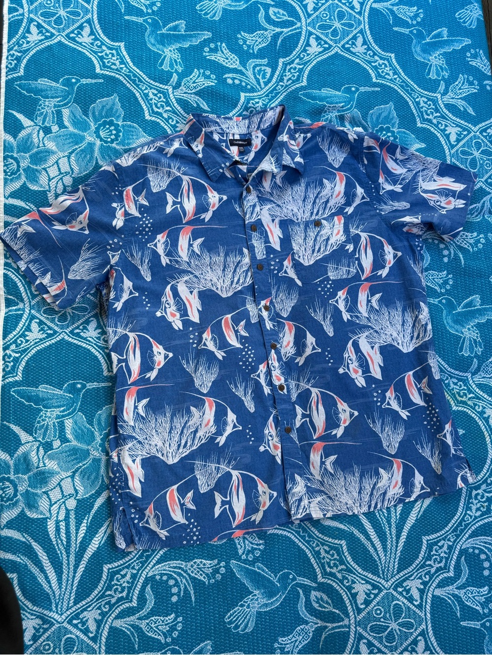 Croft & Barrow XXL Mens Blue Tropical Fish Coral Hawaiian Button Up Shirt